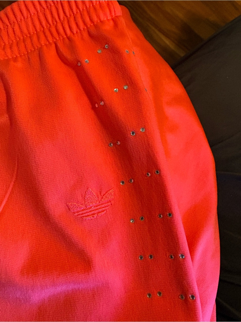 Vintage Adidas Neon Coral Rhinestone Track Pants Y2K Wide Leg Joggers M (0804) - Picture 4 of 10